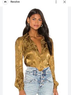 Camila Coelho Gold Floral Satin Jacquard Button-Up Blouse Long Puff Sleeve M